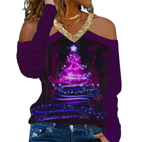 Jul sexig tröja axelbandslös kvinnor utskrift långärmade toppar purple M