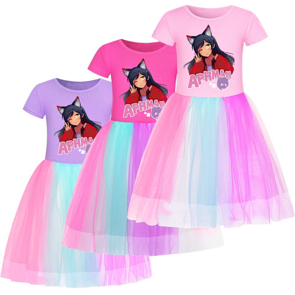 Flickor Prinsessa Aphmau Tyllkjolar Kortärmad Regnbågsklänning Barn Födelsedag Jul Fest Balklänning Pink 130cm