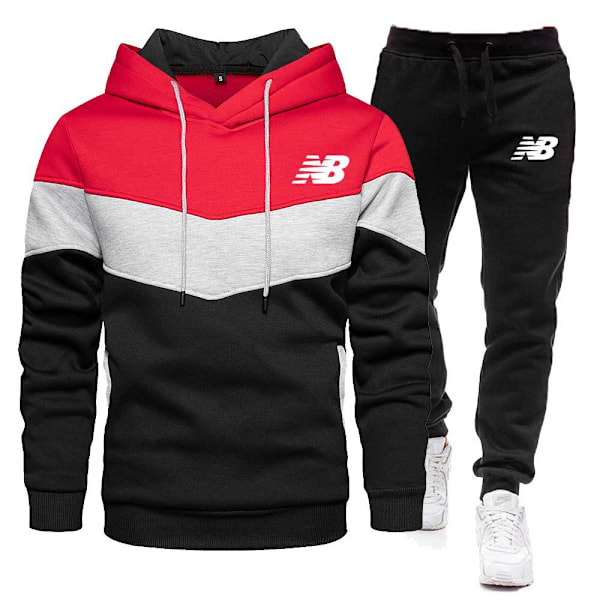 NB Herr Sweatdräkter 2-delade Set - Långärmade Hoodies med Joggingbyxor Färgblockade Tracksuit Set Red L