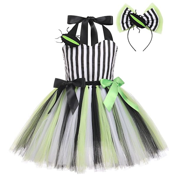Barnflickor Halloween Kostymer Beetlejuice2 Cosplay Svart och Vit Vertikal Randig Tulle Tutu Klänning Läskig Klä Upp Karneval Kläder 2-12 År 2T