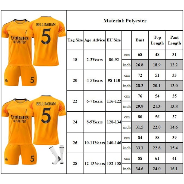 #5 Bellingham Fotbollströja Träningskit för Barn Pojkar Träningsdräkt Set Tröja + Shorts 28