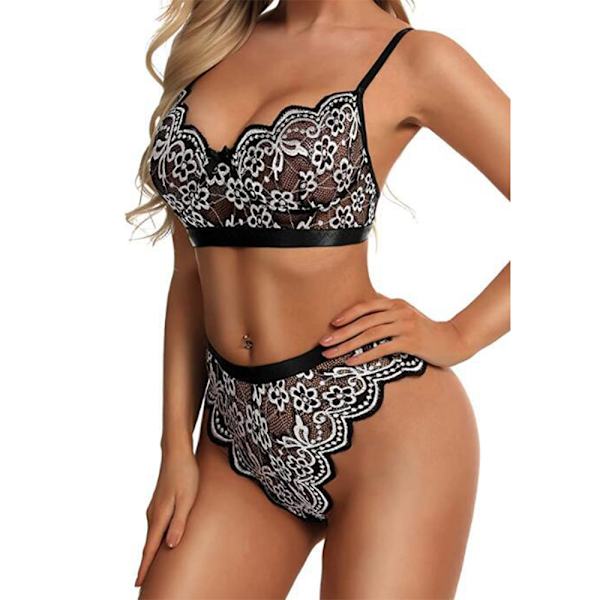 Kvinnors Babydoll Blomspets Underkläder Set Behå Trosor black L