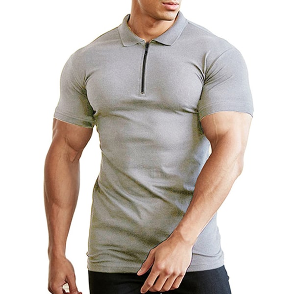 Dragkedja för män Kortärmad Slim Gym T-shirt Light Grey 2XL