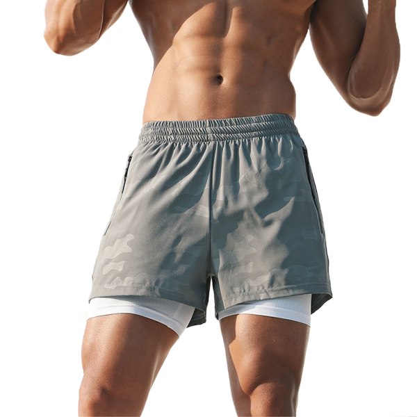 Fitness fitnessshorts för män med dubbla lager som andas Gray 2XL