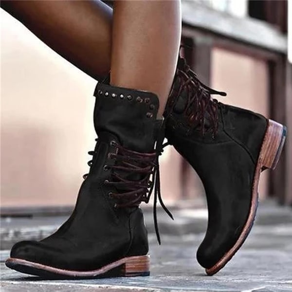 Kvinnor Vintage Retro Mid Heel Boots Vinter Chunky Flat Shoes Black 36