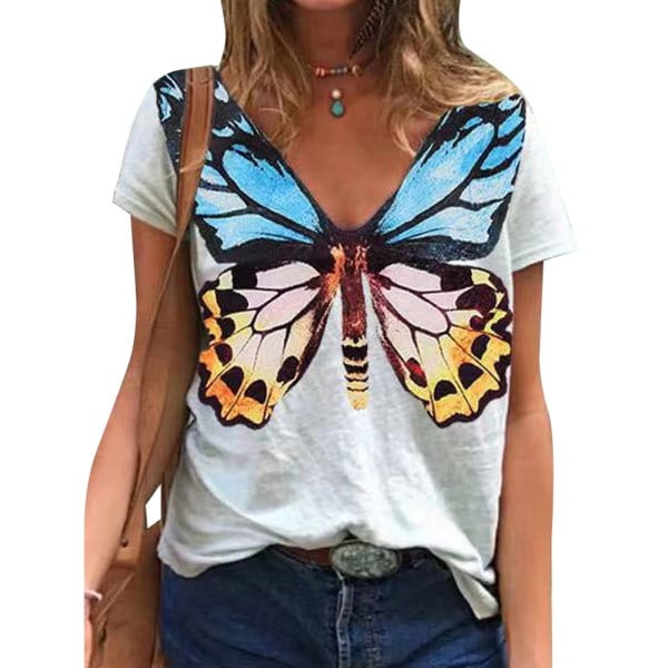 Fashion Summer New Women's Butterfly Print Kortärmad V-ringad White XL