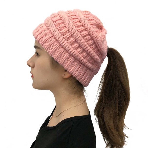 Kvinnors Slarvig Hårbulle Hästsvans Stickad Hästsvans Mössa Vinter Varma Mössa Pink