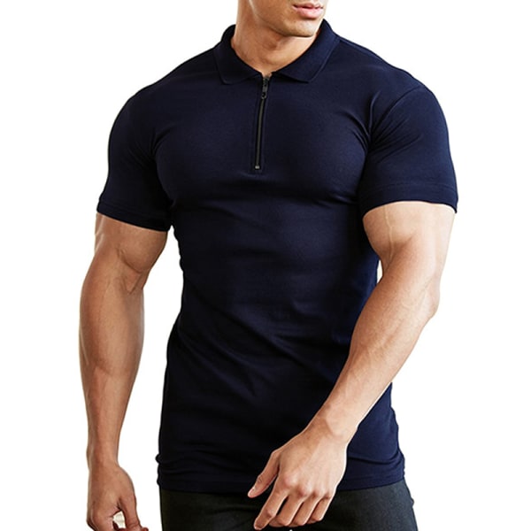 Zipper Neck Men Short Sleeve Slim Gym T-shirt Navy Blue L