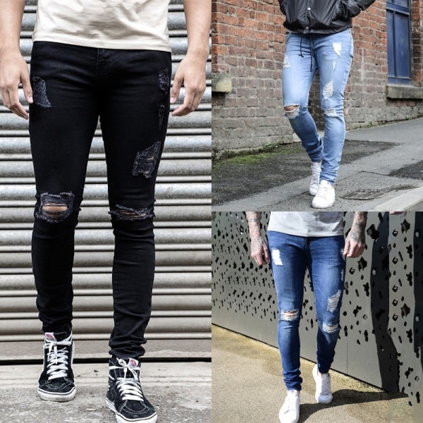 Mode Ripped Denim Jeans Män Slim Fit dark blue L
