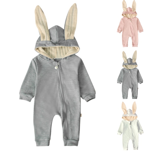 Baby Bunny Romper Hooded Rabbit Ear Dragkedja Jumpsuit Body 12-24M