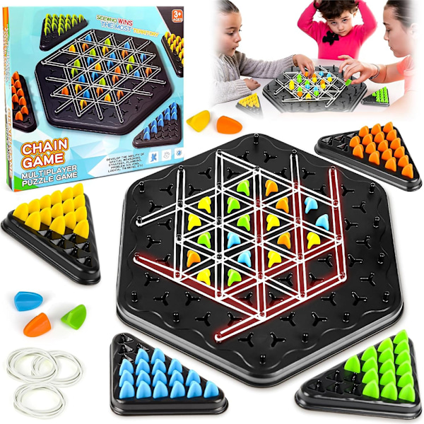 Kedjespel Triangel Schack, Familjekväll Schackset, Triggle Elastiskt Bandspel för Barn & Vuxna, 2-4 Spelare, (1 Set)