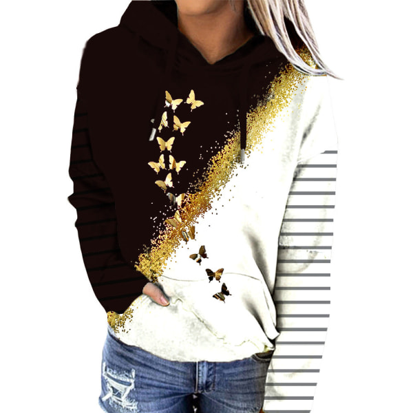 Print randig färgblock hoodie för kvinnor black 3XL