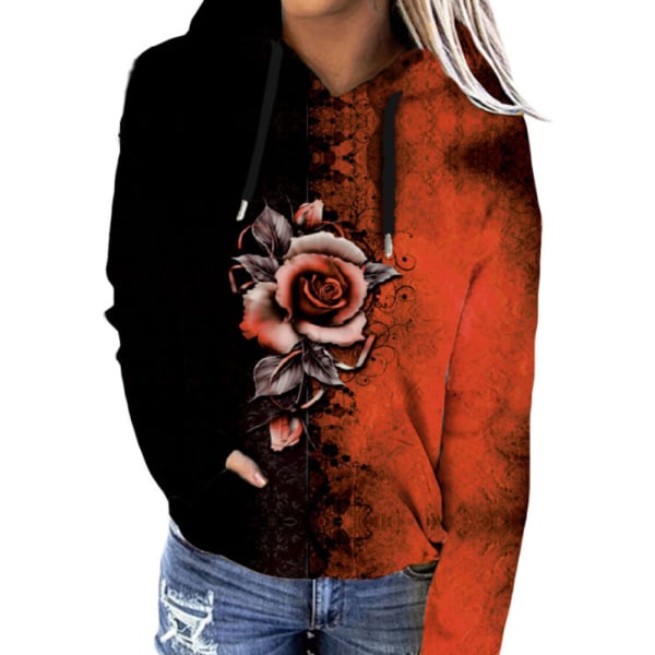 Print huvtröja med rostryck för kvinnor, vintertröja orange XL