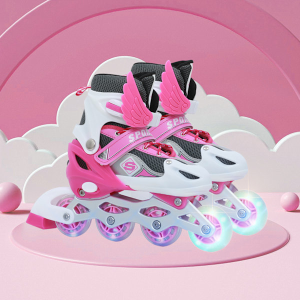 Inlineskates, justerbara rullskridskor, inlinehjul med ljus, rullskridskor, inliner, justerbar storlek 26-41, trippelt skydd Pink M