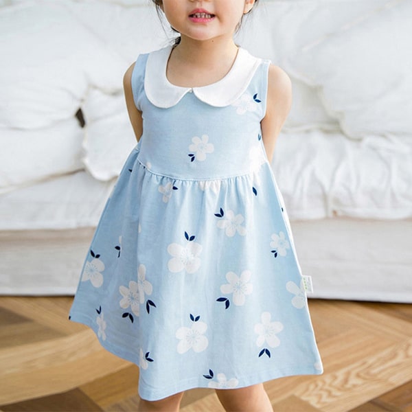 Småbarn Barn Baby Flickor Sommar Strandklänning Ärmlös Klänning Dockkrage Light Blue 110cm