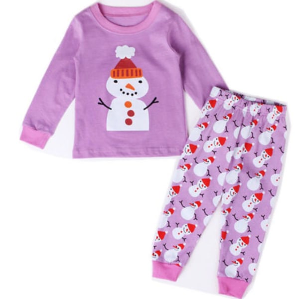 Barn Flicka Pojke Jul Xmas Outfit Pyjamas Set Sovkläder Nattkläder Purple Snowman 110cm