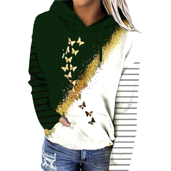Print randig färgblock hoodie för kvinnor dark green M