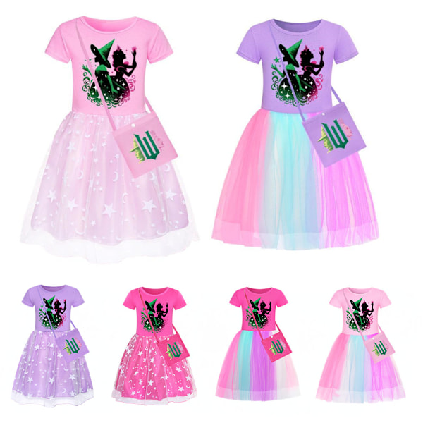 Flickor Prinsessa Glinda Elaka Tutu Klänningar Kortärmade Klänningar Barn Födelsedag Jul Fest Balklänning Med Väska Pink-A 110cm