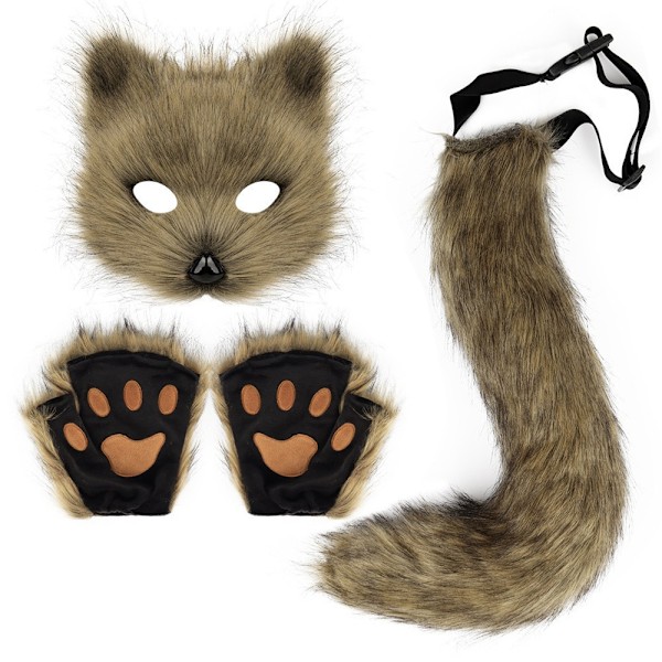 Plush Pälsfågelräv Svans Katt Varulv Cosplay Kostym Set - Mask, Handskar - Halloween Jul Fest Brown