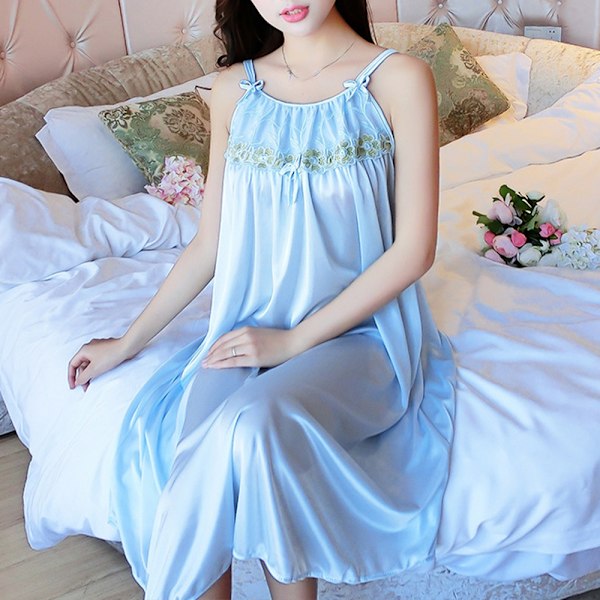 Dam satin pyjamas spaghetti remmar sexig babydoll underkläder nattkläder nattlinnen Light Blue