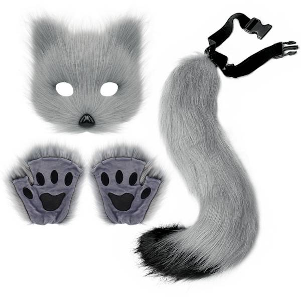Plush Pälsfågelräv Svans Katt Varulv Cosplay Kostym Set - Mask, Handskar - Halloween Jul Fest Grey