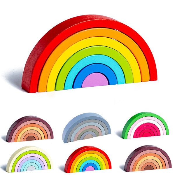 Barn Trä Regnbåge stapling leksaksstaplare Montessori häckande block Färgform Matchande leksaker Set Rainbow