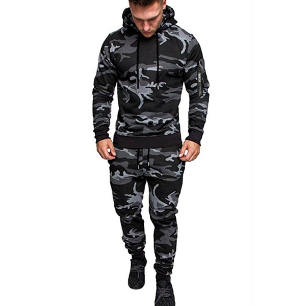 Män Outfit Sport Set Hoodie Byxa Kappa Vinter Casual Hösten Grey Camouflage L