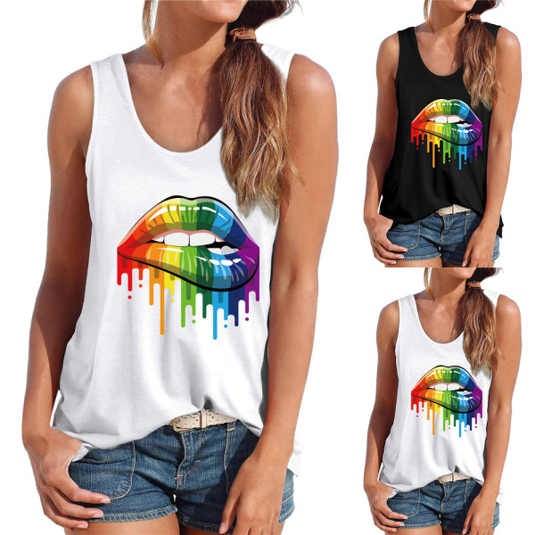 Pride Day Kvinnor Regnbåge Läpptryckt Tank Top Sked Hals Ärmlös T-shirt Tee White XL