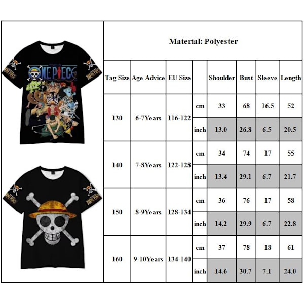 ONE PIECE Barn Pojkar Tryckt Kortärmad T-shirt Anime Casual Toppar Sommar Tee B 160cm