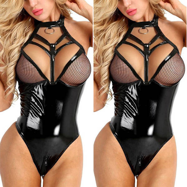 Kvinnors Bodysuit Lackläder Sexig Underkläder Erotisk Underkläder Black S