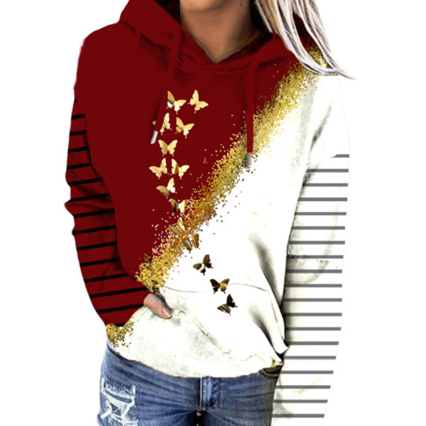 Print randig färgblock hoodie för kvinnor red 2XL
