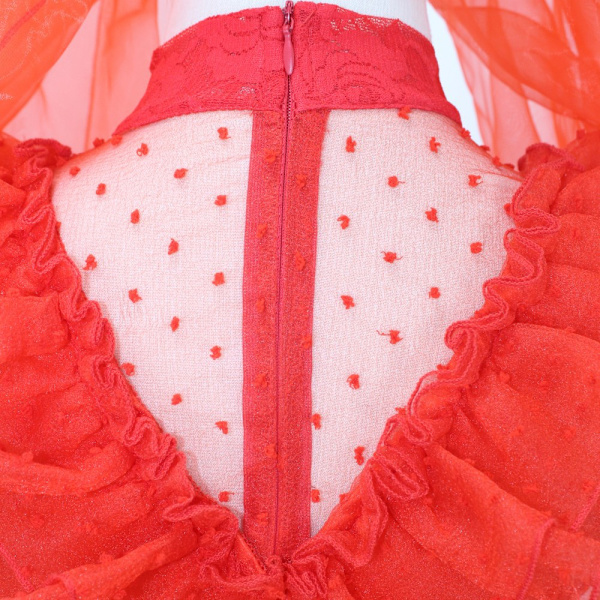 Lydia Cosplay Kostym Lydia Röd Bröllopsklänning Outfits Kvinnor Retro Långärmad Spets Tyll Brudklänning Halloween Festdräkt M