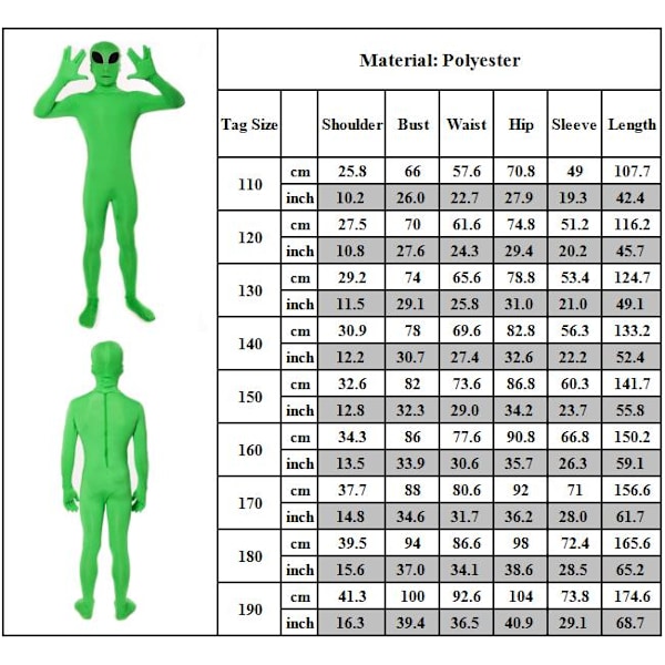 Alien Cosplay Kostym Jumpsuits för Män Pojkar Halloween Kostym 140cm