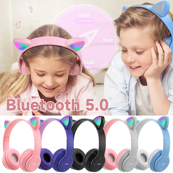 Barn Cat Ear LED Ljus Headset Fällbara Hörlurar Trådlösa Bluetooth Hörlurar Grey