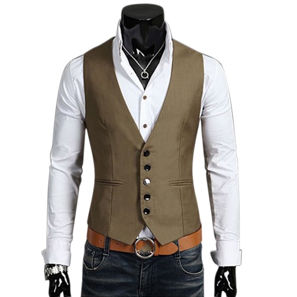 Herrknapp upp väst utan ärmar Slim Fit khaki L