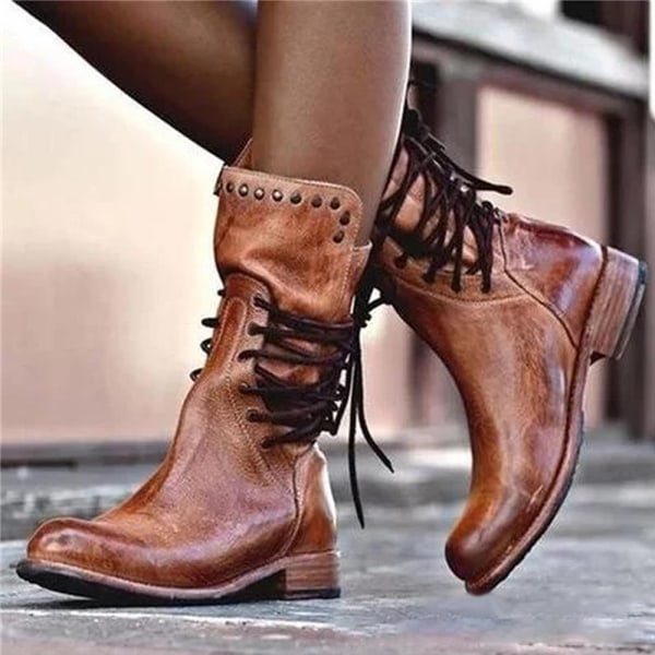 Kvinnor Vintage Retro Mid Heel Boots Vinter Chunky Flat Shoes Khaki 37