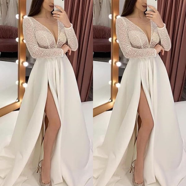 Sexig V-ringad genomskinlig klänning Lång kjol för kvinnor Elegant White S  e5f2 | White | S | Fyndiq