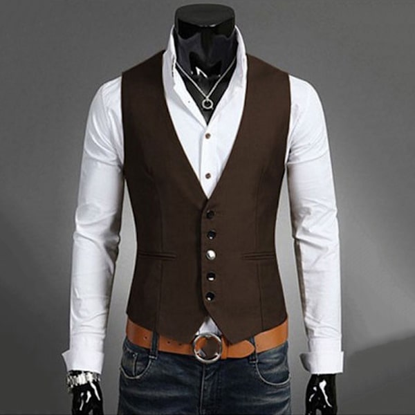 Herrknapp upp väst utan ärmar Slim Fit khaki L