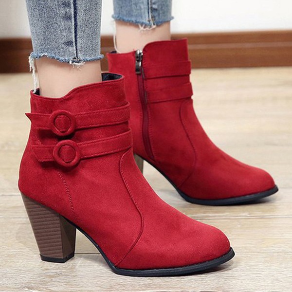 Kvinnors Chunky Block Heel Damer Zip Up High Heel Boots Shoes Red 36