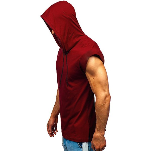 Hooded Men Sleeveless Drawstring Straight Tops Wine Red M