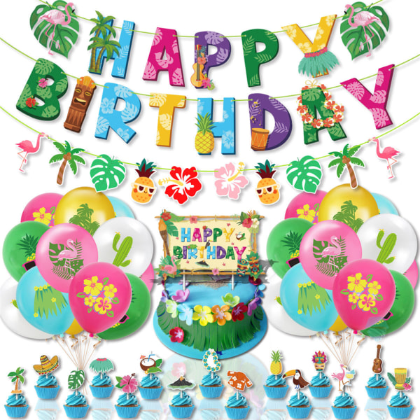 Hawaiianska tropiska födelsedagsfestdekorationer Tillbehör Ballonger Banderoller Cupcake Toppers