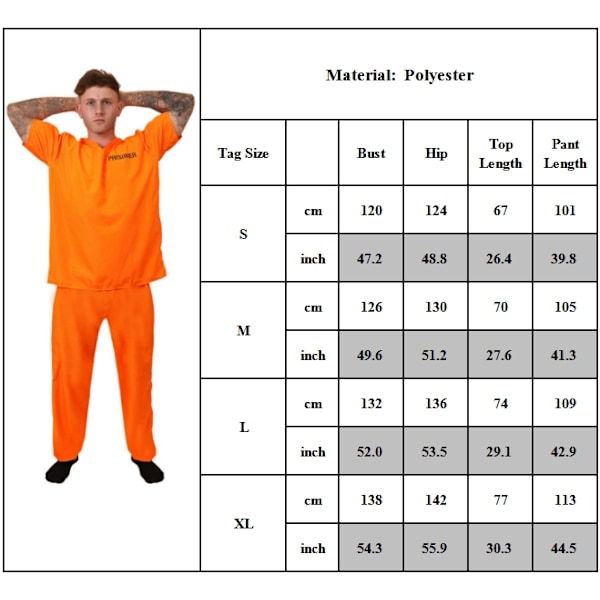 Orange Fångdräkt Vuxen Herr Inmate Fängelse Uniform Maskeraddräkt Halloween Set S