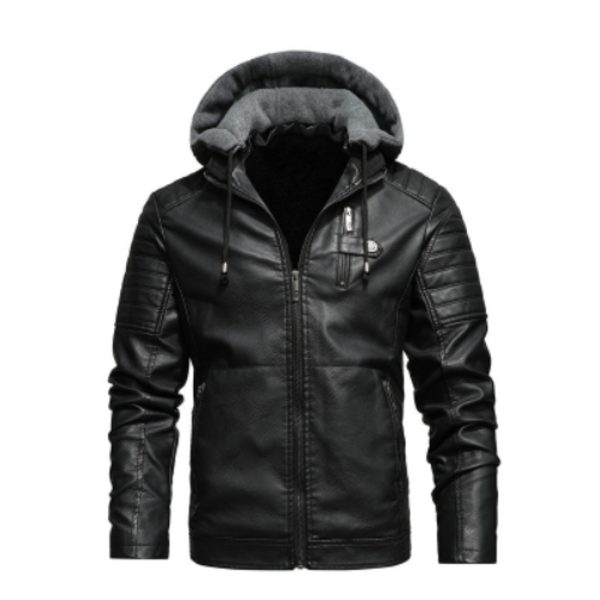 Herrar 2024 Mode Retro Biker PU Läderjacka Höst Och Vinter Avtagbar Huva Black 4XL