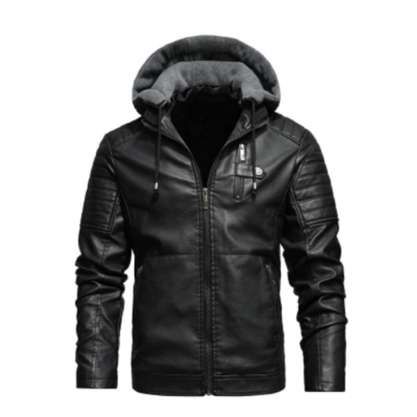 Herrar 2024 Mode Retro Biker PU Läderjacka Höst Och Vinter Avtagbar Huva Black XL