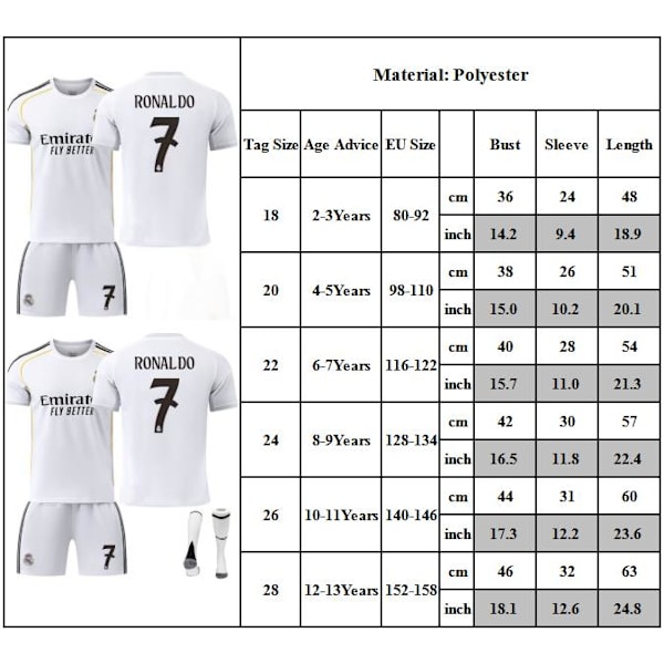 25-26 Real Madrid Hemma Fotbollsträning Kläder No.7 Ronaldo Fans Tränings Fotbollströja Set för Barn 26