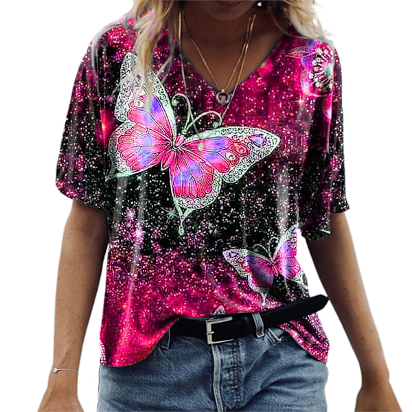 Fashion Creative Woman's Butterfly Print Kortärmad T-shirt Red M