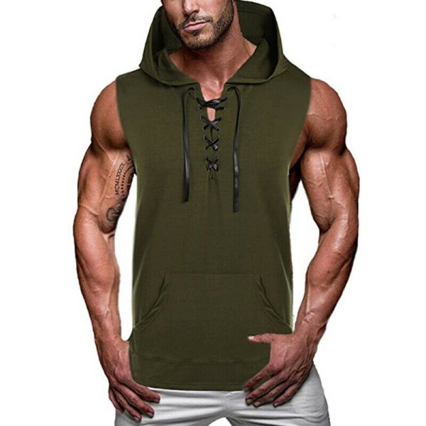 Herr Sommar T-shirts Muskel Casual Ärmlös Huvtröja Slim Skjorta Army Green XL