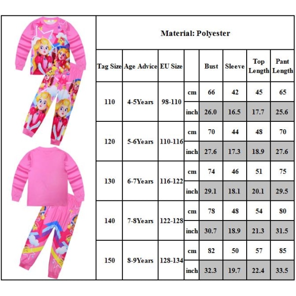 Princess Peach Kostym Barn Hemkläder Långärmad Pyjamas Set 130cm