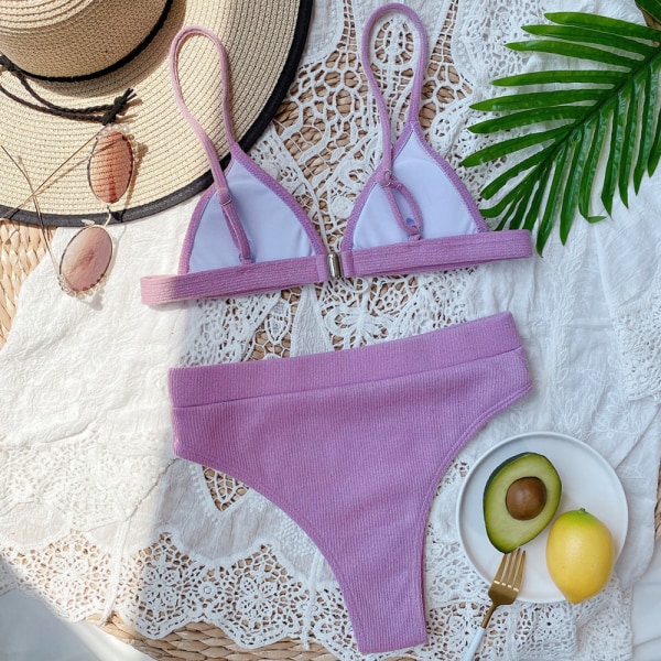 Pure Color High Waist Baddräkt Sexig Beach Bikini Snygga kvinnor Purple M