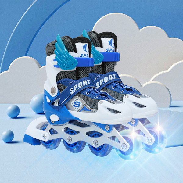 Inlineskates, justerbara rullskridskor, inlinehjul med ljus, rullskridskor, inliner, justerbar storlek 26-41, trippelt skydd Blue M